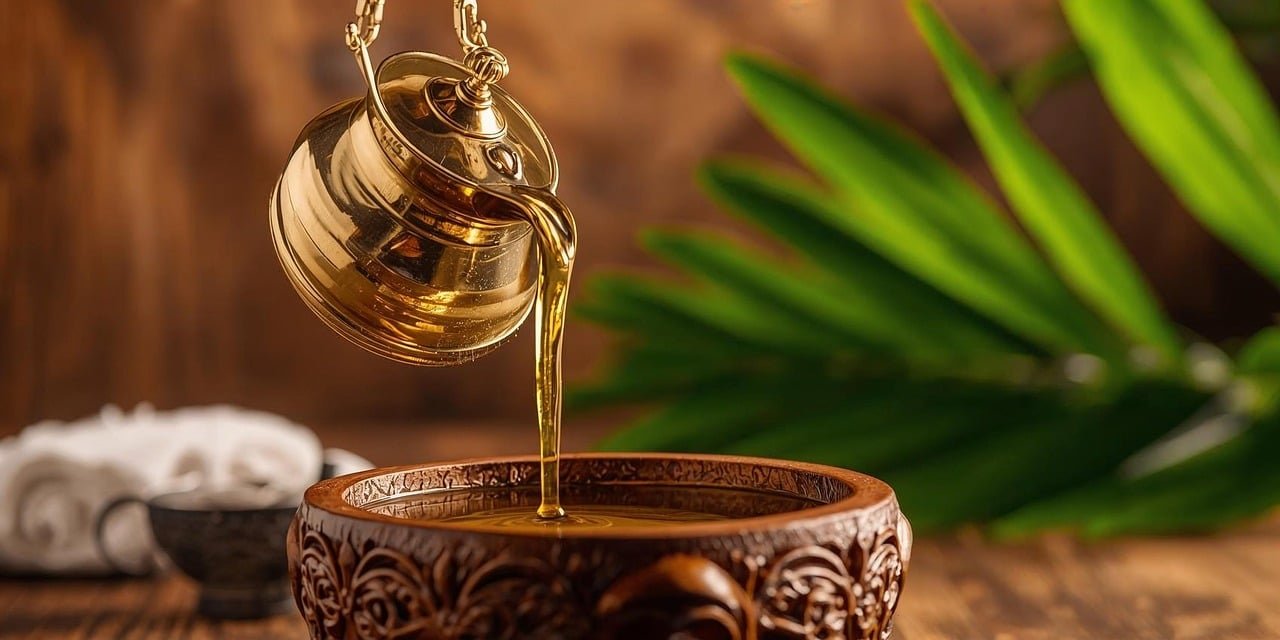 Ayurvedische Panchakarma Kur mit Ölmassage und Kräutern auf einem Holztisch